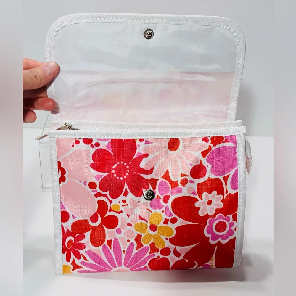 Clinique Floral Cosmetic Bag Pink Red Orange 3”D x 8”W x 6.5”H